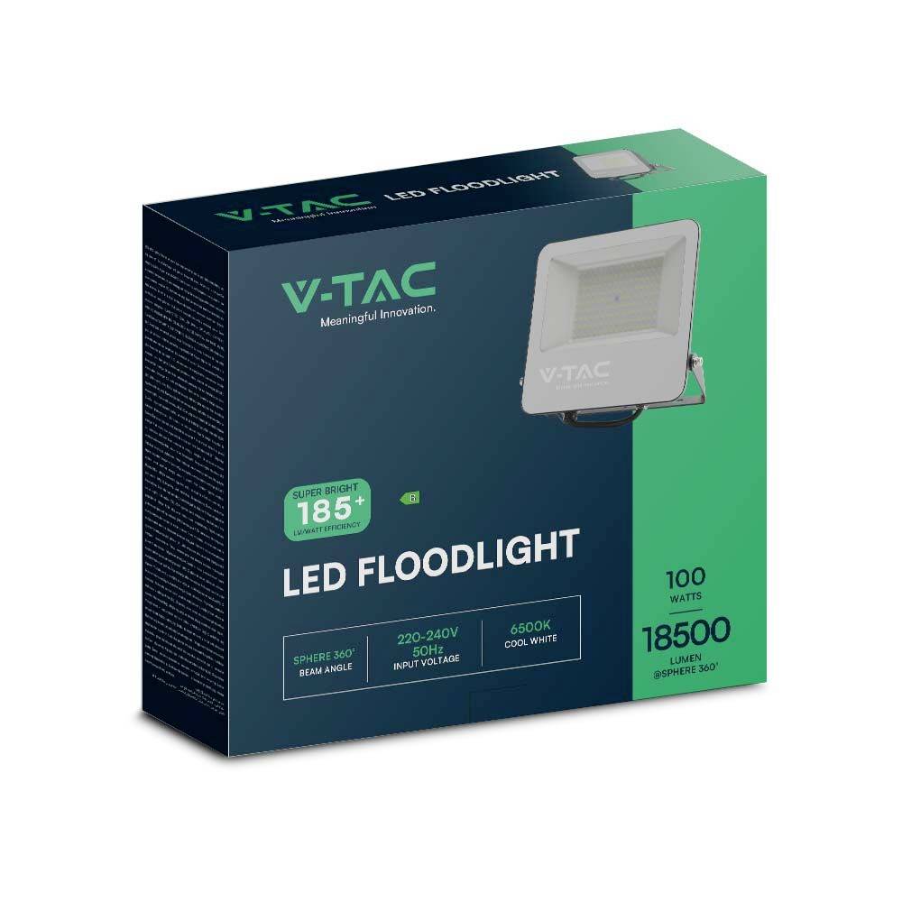 'LED-schijnwerper V-TAC 100 Watt, 185° stralingshoek, 18500 Lumen, 220-240V, 6500K. Energiezuinig, lange levensduur.'