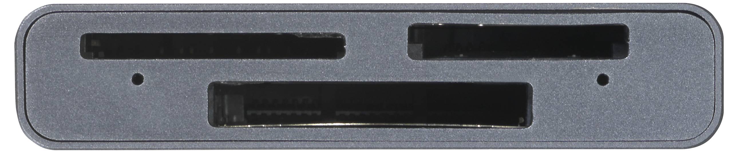 Metalen behuizing met twee rechthoekige aansluitopeningen en een langwerpige opening in het midden, waarschijnlijk een apparaat voor gegevensverbindingen.