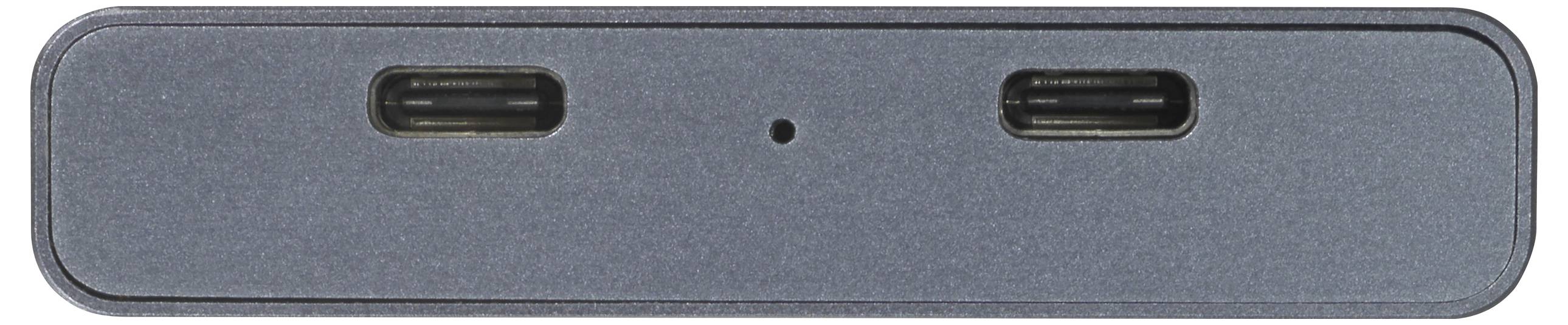 Donkere, rechthoekige voorkant van een apparaat met twee USB-C-poorten en een klein, centraal gat.