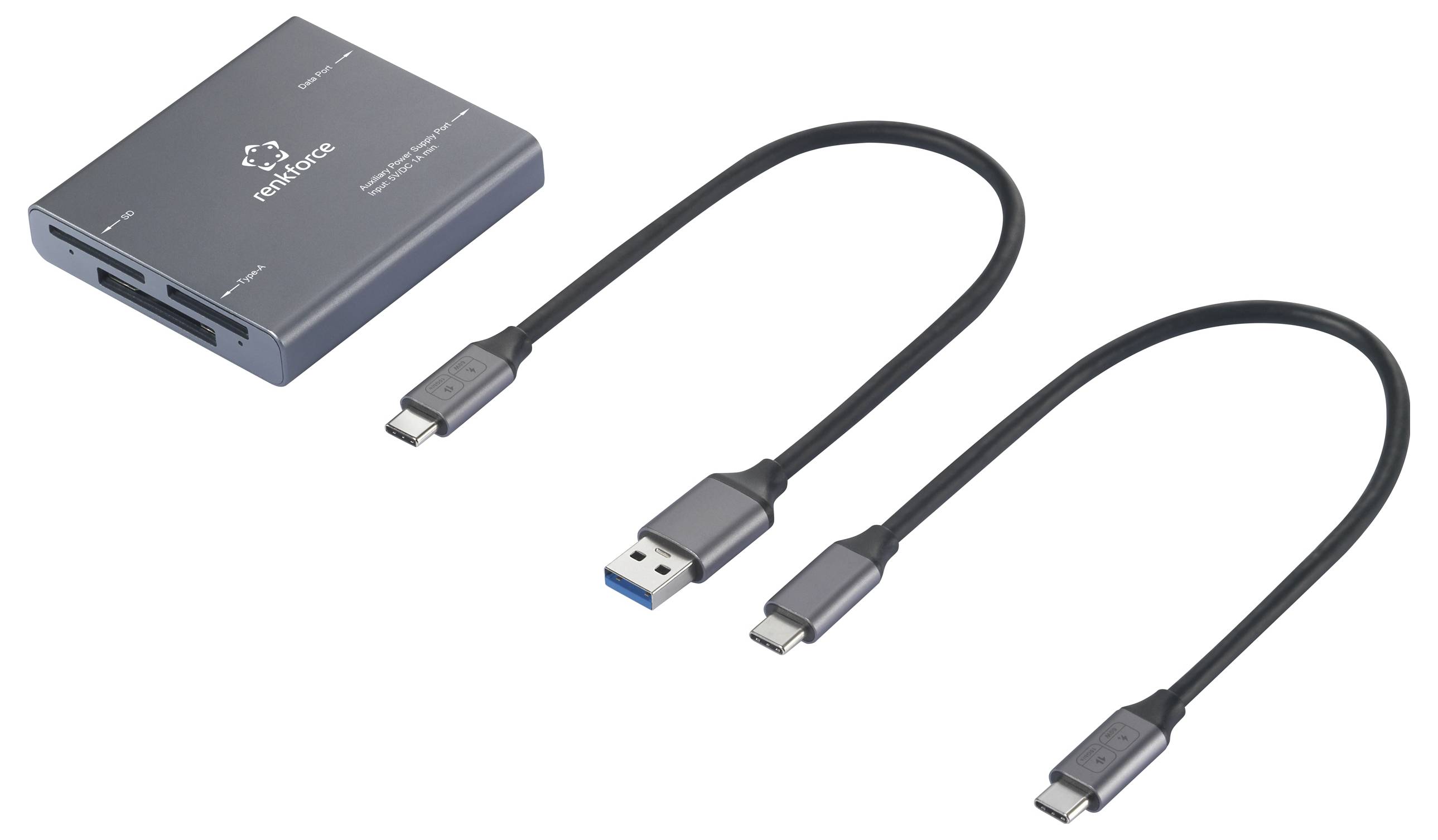 Een USB-C-hub met meerdere aansluitingen en twee USB-C-naar-USB-C-kabels en een USB-A-naar-USB-C-kabel. Ideaal voor connectiviteit.