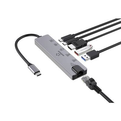 USB-C-hub met Ethernet, USB, HDMI en kaartlezeraansluitingen. Verbonden met kabels en USB-stick voor veelzijdige connectiviteit.
