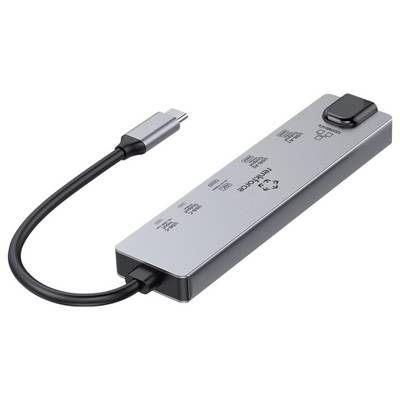 USB-C Hub met meerdere poorten, waaronder HDMI, USB-A en USB-C. Zilveren behuizing met zwart kabel. Ideaal voor laptops.