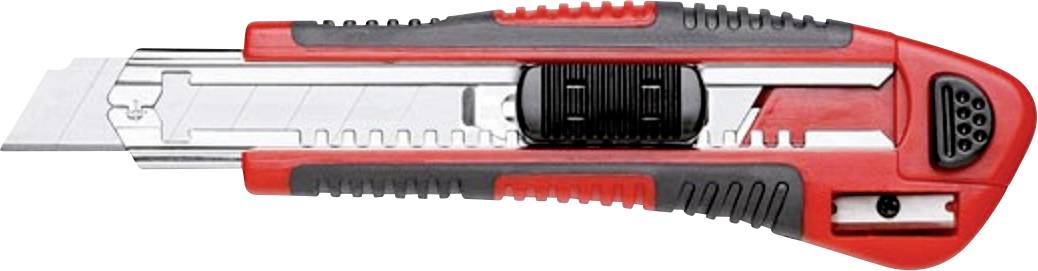 Een rood en zwart cuttermes met intrekbare lemmet en ergonomische handgreep.
