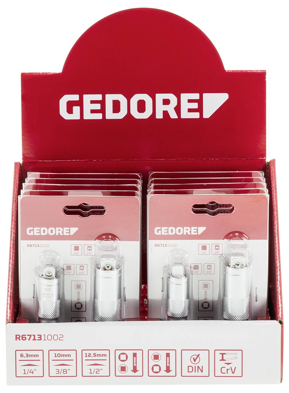 Een display met meerdere GEDORE dopsleutels in twee rijen. Maten: 6,3 mm, 10 mm, 12,5 mm. Vermeldingen 'DIN' en 'CrV' op de verpakking.