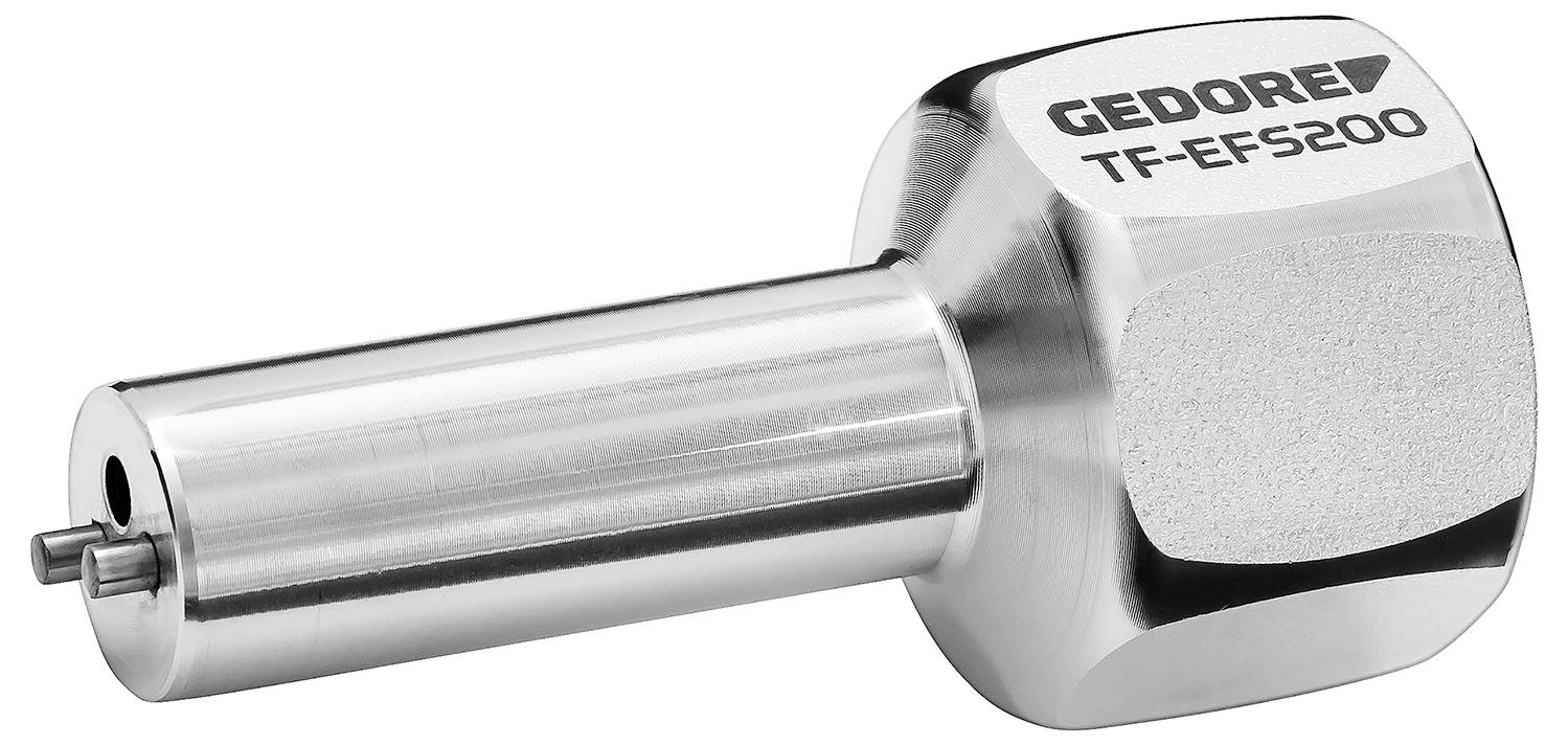 Een zeshoekige stalen sleutel met opschrift 'GEDORE TF-EFS200', gebruikt voor specifieke schroef- of draaihandelingen.