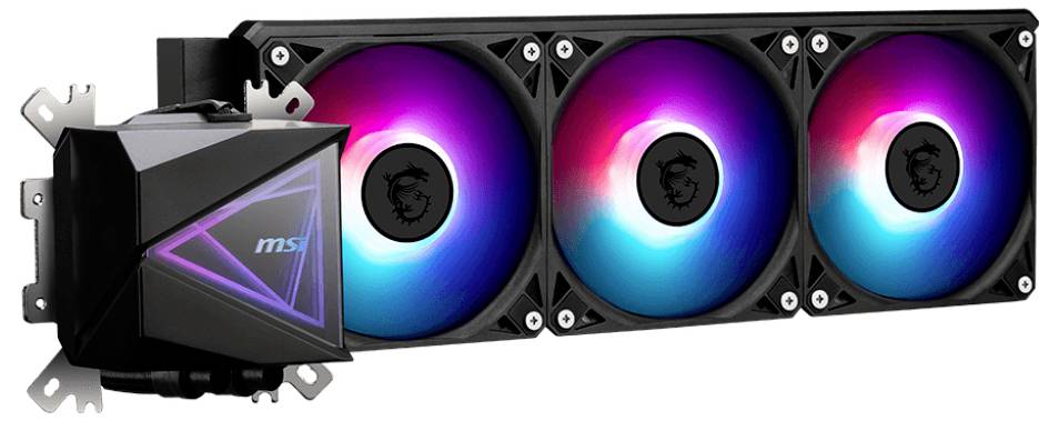 Een zwarte MSI-computerkoeler met drie ventilatoren die in RGB-kleuren oplichten, toont modern gaming-design.
