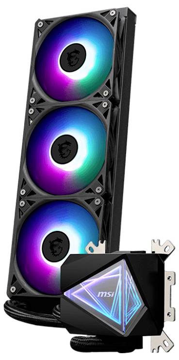 Drievoudig LED-ventilatorkoelsysteem met modern design, heldere RGB-kleuren en een opvallende pomp met geometrische patronen.