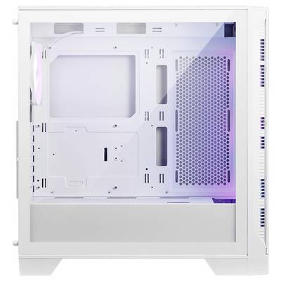 Computertoren met wit behuizing, zijaanzicht met transparant plexiglas, toont interne constructie zonder componenten, blauwe accenten.