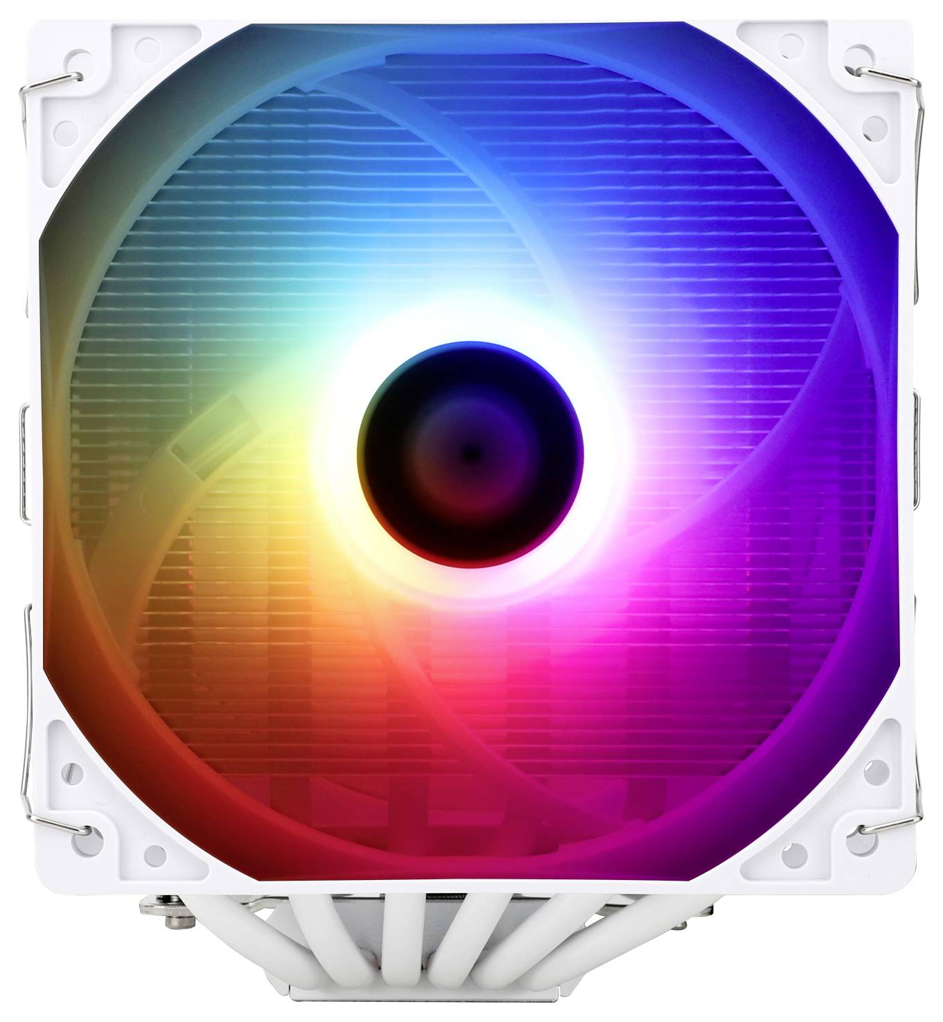 Een verlichte CPU-koeler met RGB-LED's die in verschillende kleuren oplichten. De ventilator is centraal geplaatst voor de koelvinnen.