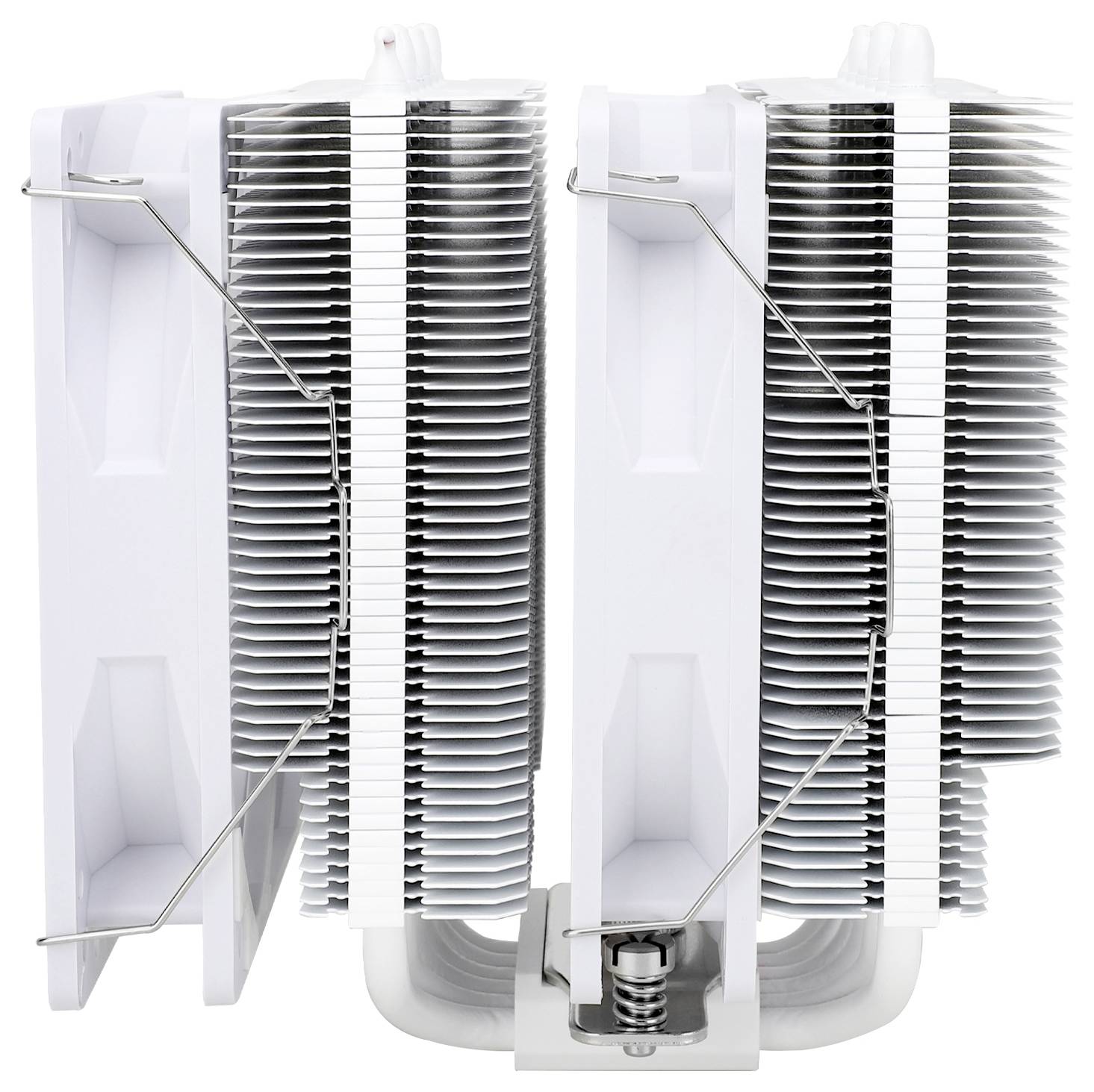 Twee witte CPU-luchtkoelers met een lamelvormige structuur die warmte afgeven. Geschikt voor de koeling van computerprocessoren.