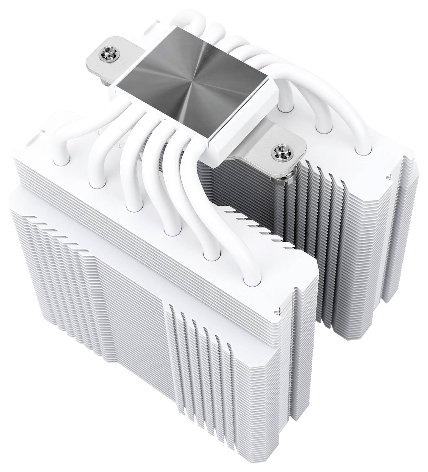 Een witte CPU-koeler met meerdere heatpipes en twee grote metalen koelvinnenblokken voor warmteafvoer.