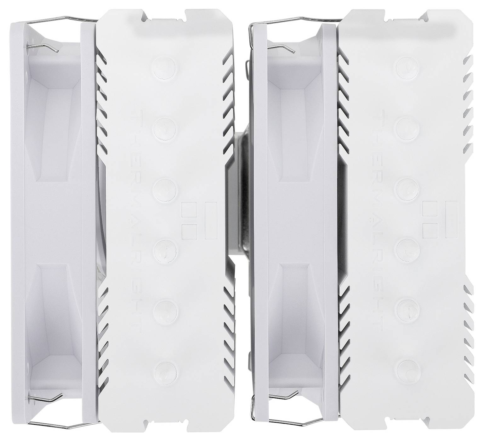 Twee identieke, rechthoekige ventilatoren in het wit, naast elkaar gemonteerd, met smalle ventilatiesleuven aan de zijkanten voor pc-koeling.