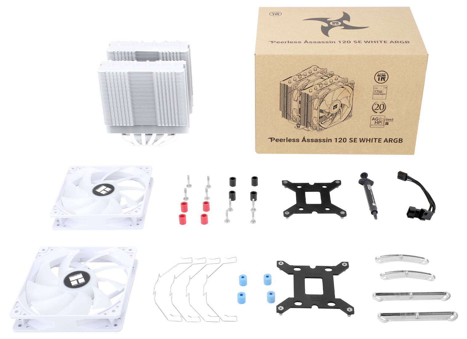Computerkoelsysteem bestaande uit koellichaam, twee ventilatoren, montagermateriaal en verpakking. Aanduiding: 'Peerless Assassin 120 SE WHITE ARGB'.
