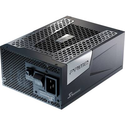 Een zwarte computervoeding van het merk Seasonic met zilveren accenten en roosters, geschikt voor krachtige pc's.
