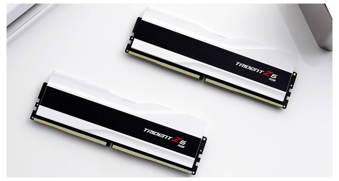 Twee Trident Z5 werkgeheugenmodules met een zwart-witte afdekking liggen op een witte oppervlakte.