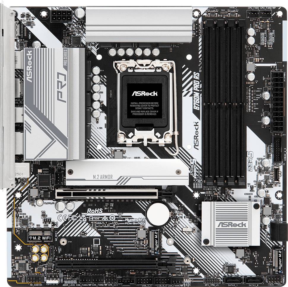 Een ASRock-moederbord met CPU-socket, RAM-sleuven en meerdere aansluitingen en componenten op een zwarte achtergrond.