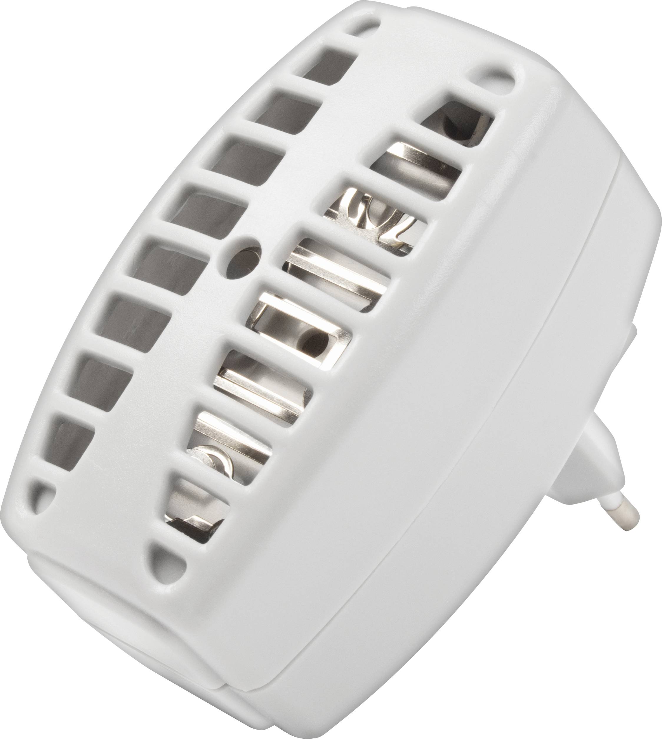 Een drievoudige USB-oplader in een wit behuizing om in een stopcontact te steken, voor gelijktijdige stroomvoorziening van meerdere apparaten.
