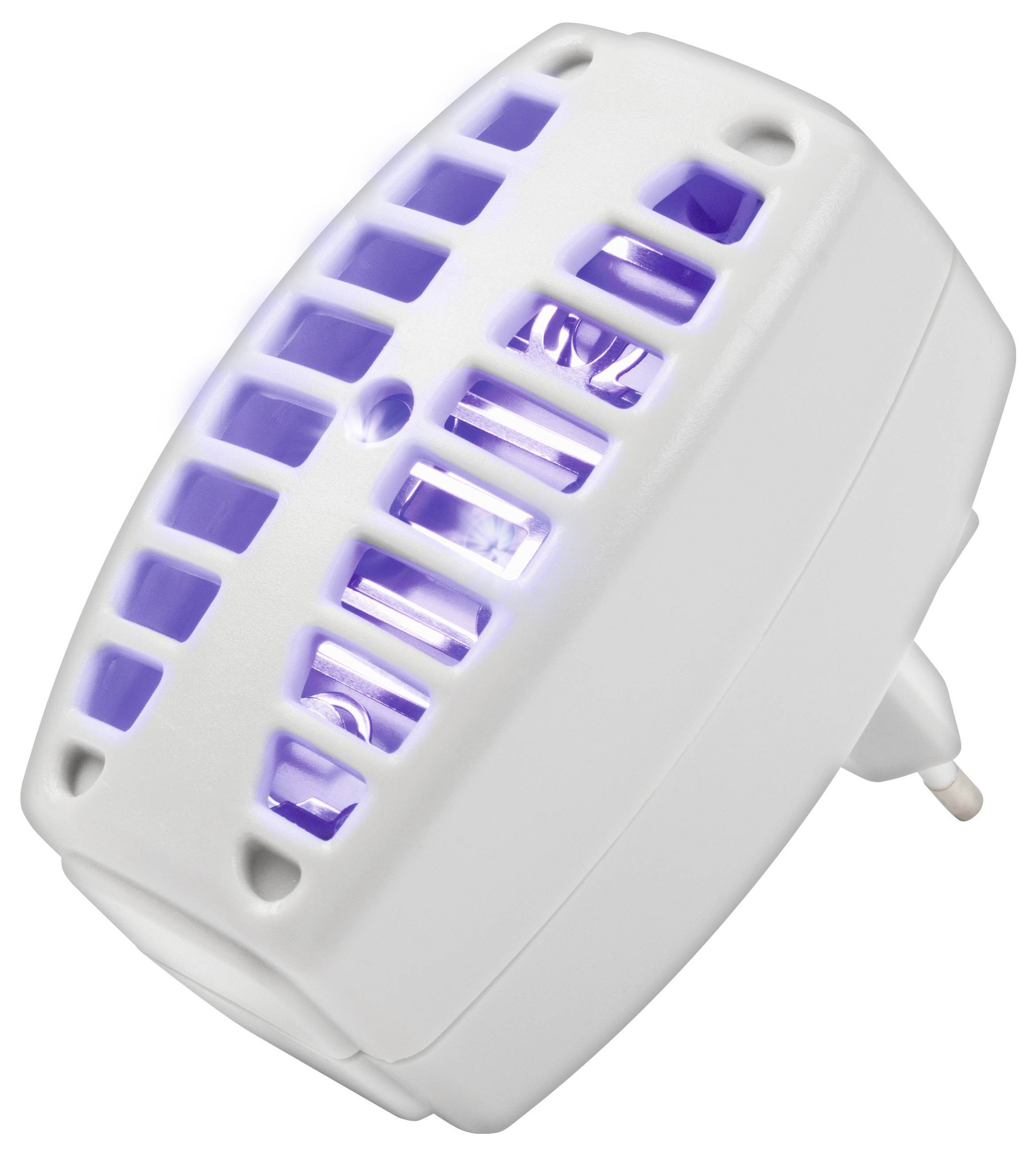Een witte elektrische insectenverdelger met paars licht, dat insecten aantrekt, is in een stopcontact gestoken.