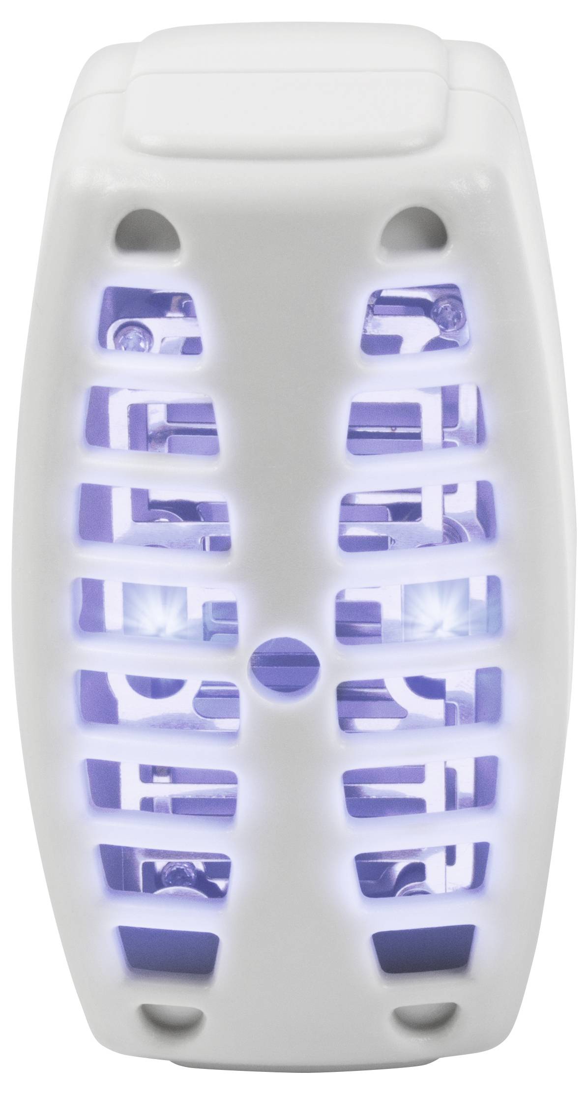 Elektrische muggenlamp met witte, verticale lamellen en blauw licht aan de binnenkant. Ovaal, compact ontwerp.