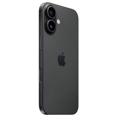 Een zwarte smartphone met twee cameraloze aan de achterkant en een Apple-logo. Het heeft een slanke, moderne uitstraling.