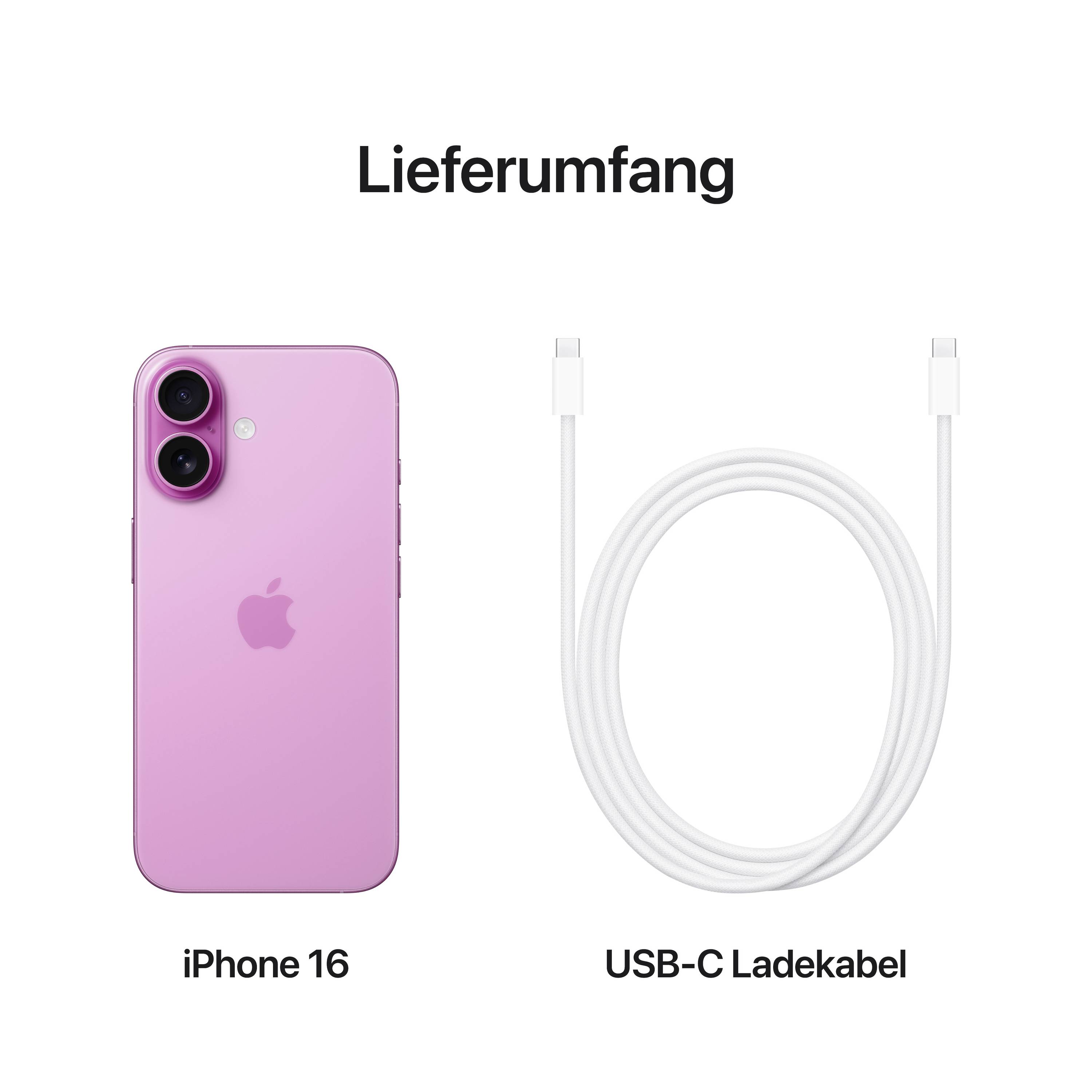Een roze telefoon met twee camera's naast een wit USB-C-oplaadkabel. Tekst: 'Meegeleverd bij iPhone 16 USB-C oplaadkabel'.