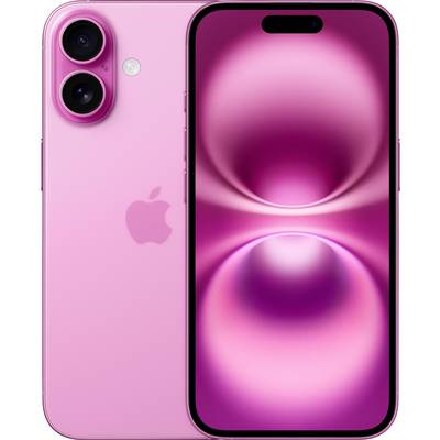 Een roze smartphone met twee camera's, een Apple-logo aan de achterkant en een verlicht display met cirkelvormige patronen.