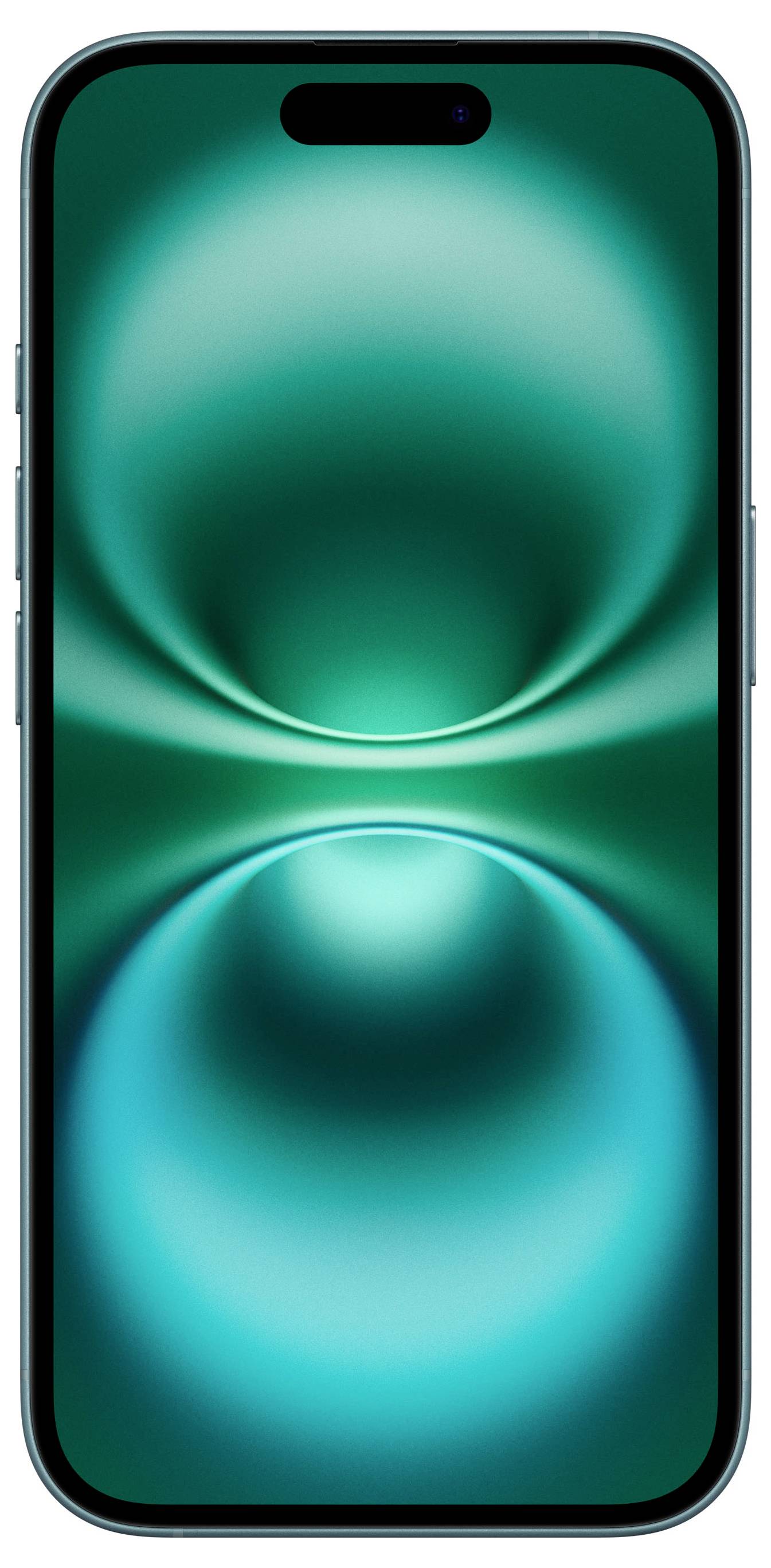 Smartphone met een blauw-groene, golvende schermachtergrond, vooraanzicht.