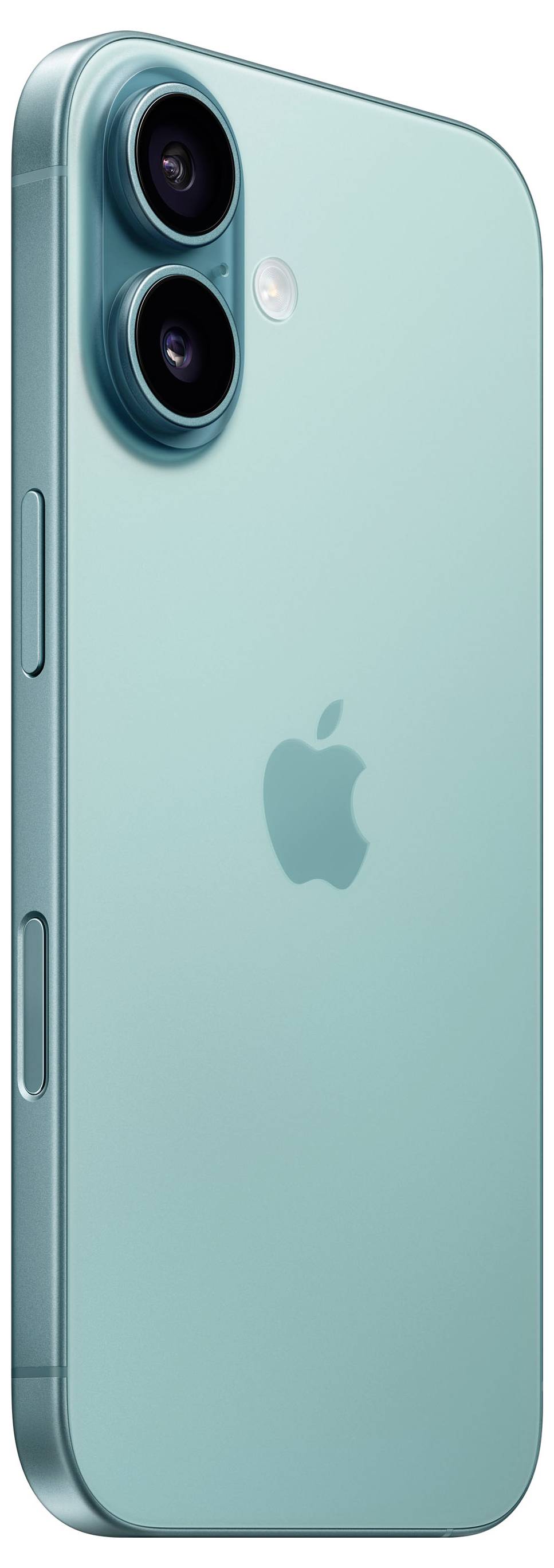 Smartphone in turquoise met twee cameraleizen en flitser aan de achterkant. Apple-logo in het midden. Apparaat in een slanke behuizing.