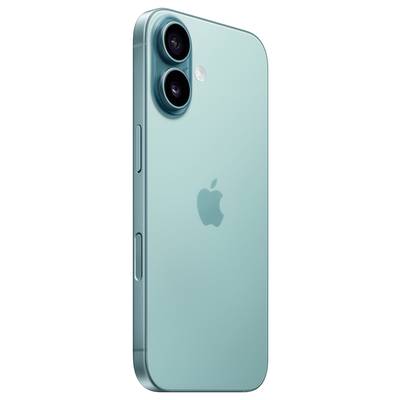 Smartphone in turquoise met twee cameraleizen en flitser aan de achterkant. Apple-logo in het midden. Apparaat in een slanke behuizing.