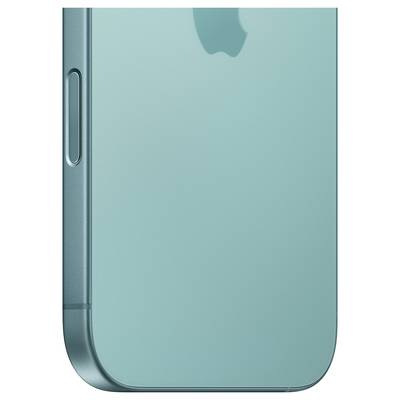 Een turquoise smartphone met afgeronde hoek en zijknop. Bovenste deel van een merklogo zichtbaar.