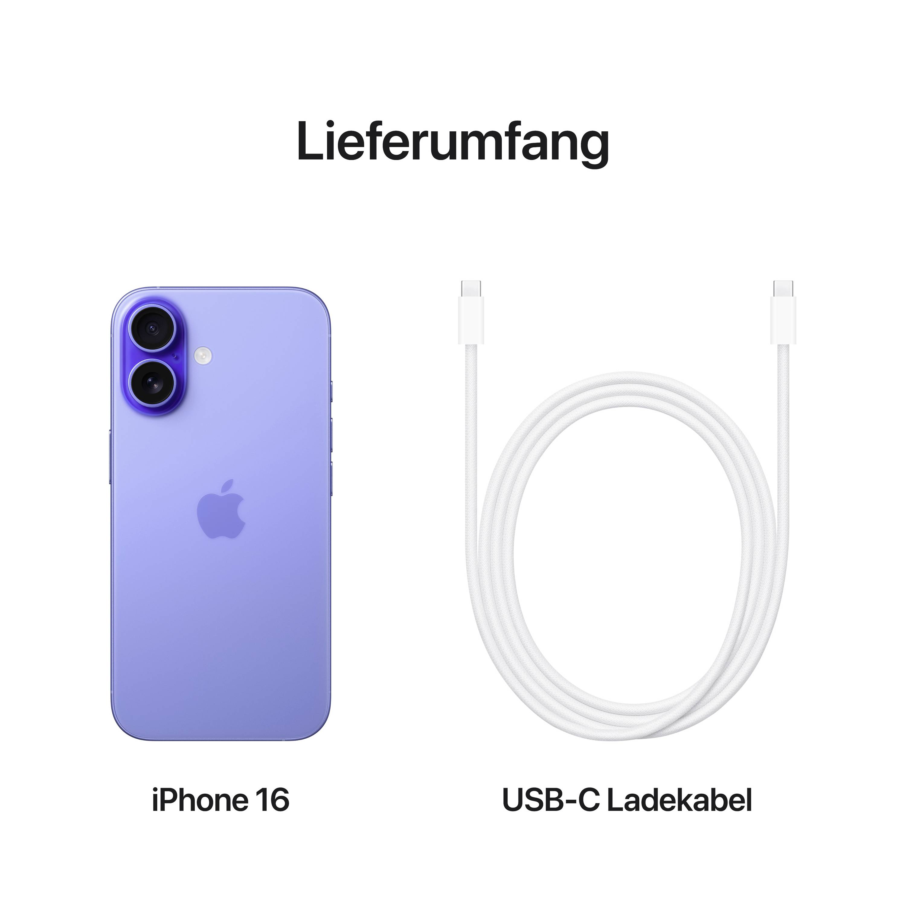 'iPhone 16 in blauw en een wit USB-C-oplaadkabel. Kop: Leveringsomvang.'