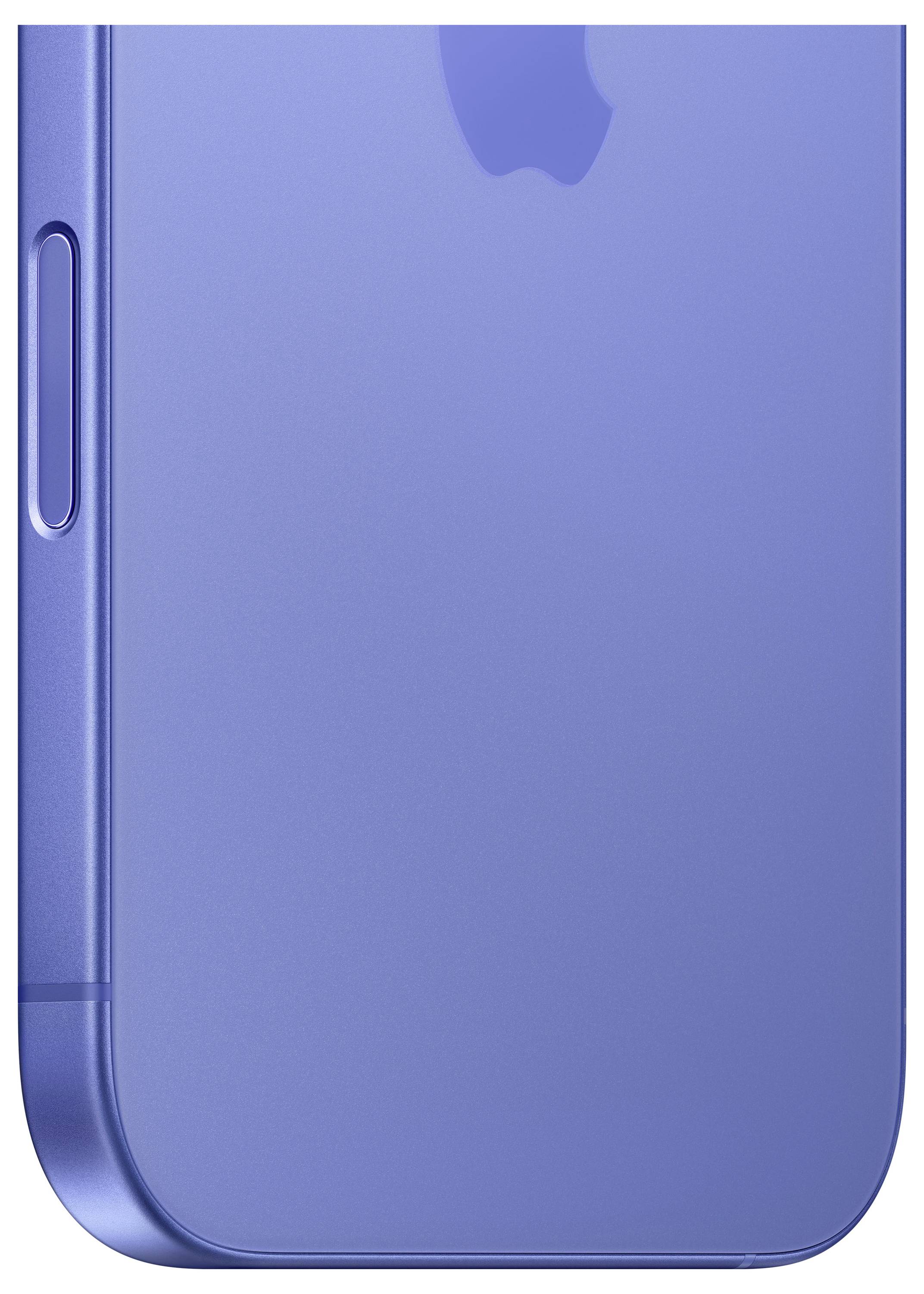 Blauwe smartphone met afgeronde hoeken en een zijdelingse volumeknop, weergegeven in close-up op een witte achtergrond.