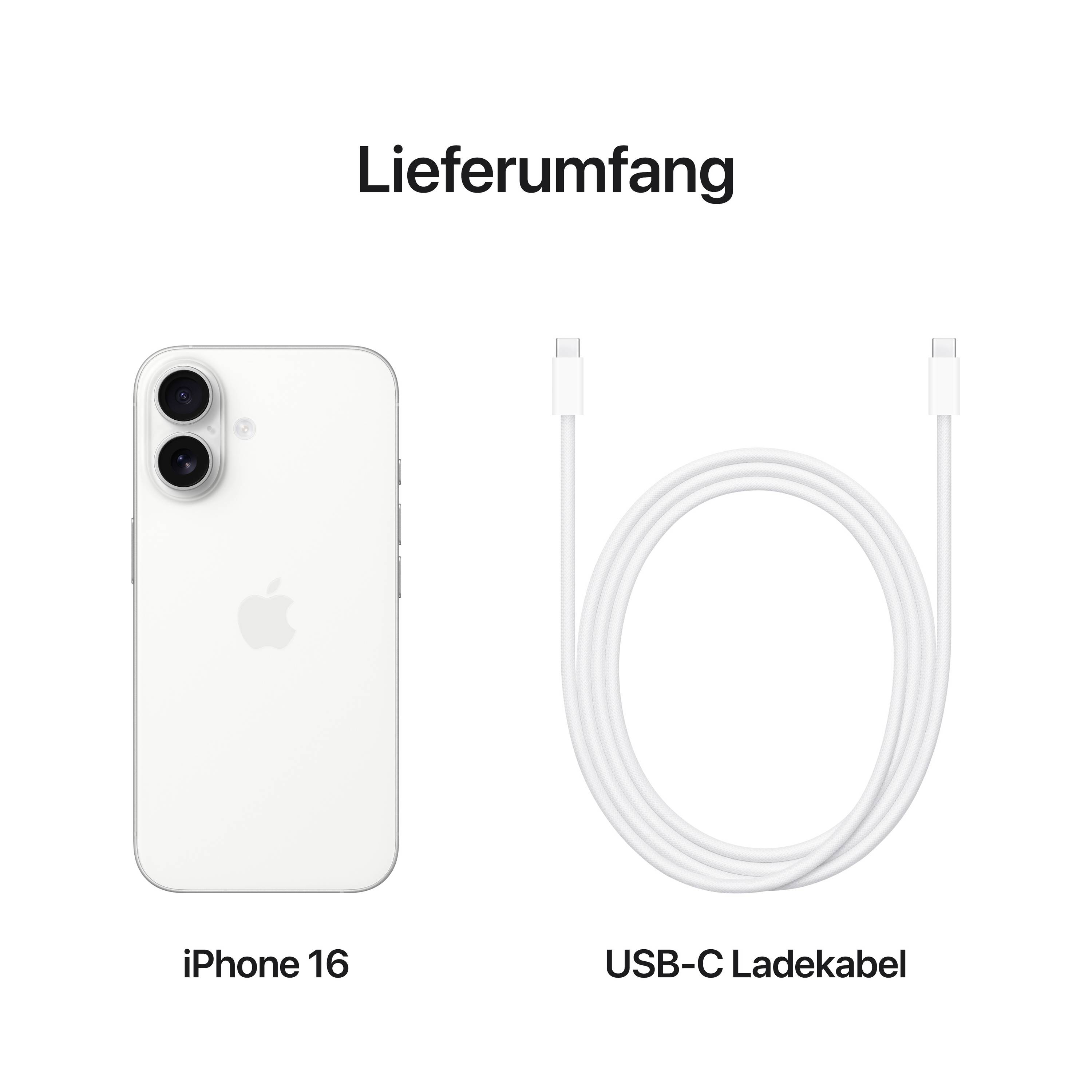 Leveringsomvang bevat een iPhone 16 en een USB-C oplaadkabel.