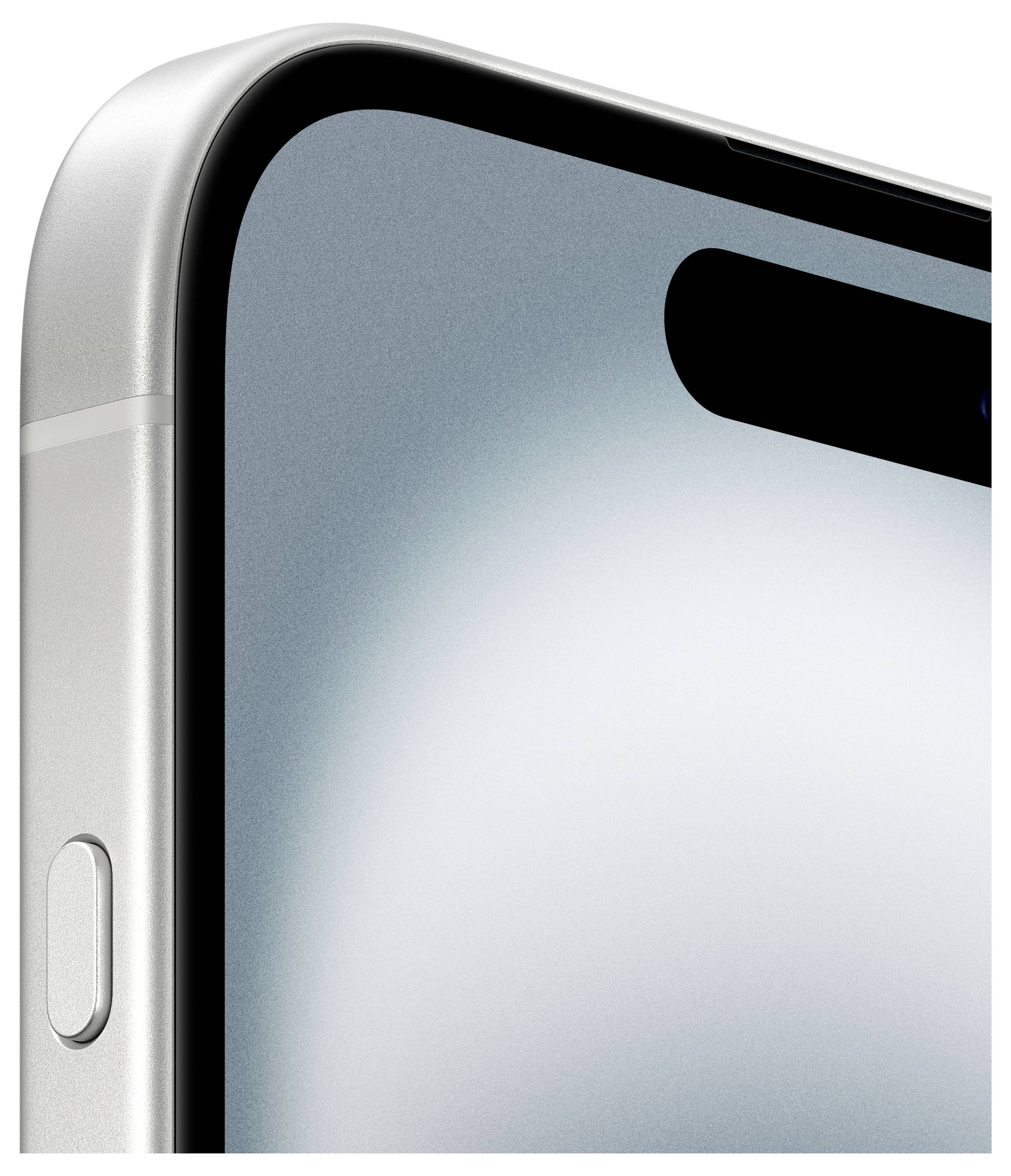 Een zilveren smartphone met afgeronde hoeken en een zijknop. Het display toont een subtiele kleurovergang.