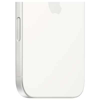 Witte achterkant van een smartphone met afgeronde randen. Een zijknop is zichtbaar, bovenaan staat een gestileerd Apple-logo.