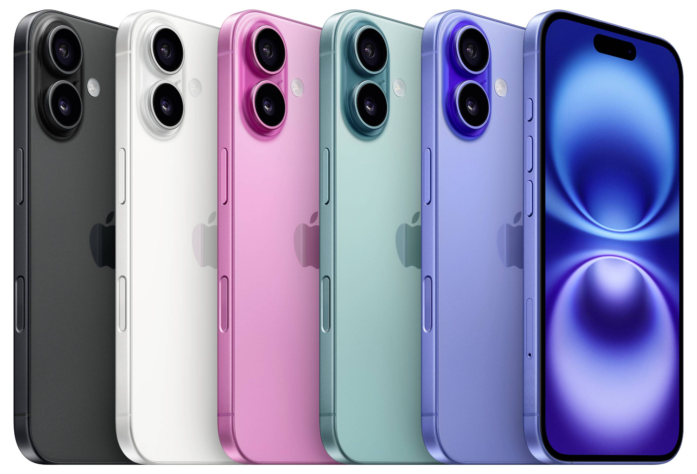 Zes smartphones in verschillende kleuren (Zwart, Wit, Roze, Groen, Blauw, Paars) op een rij; rechterzijde vooraanzicht toont display.