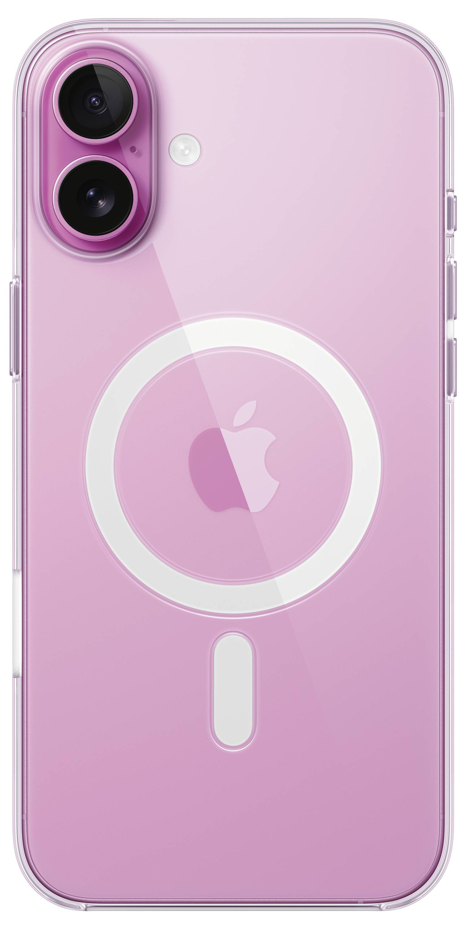 Een roze smartphone met twee cameralezen en een Apple-logo op de achterkant.