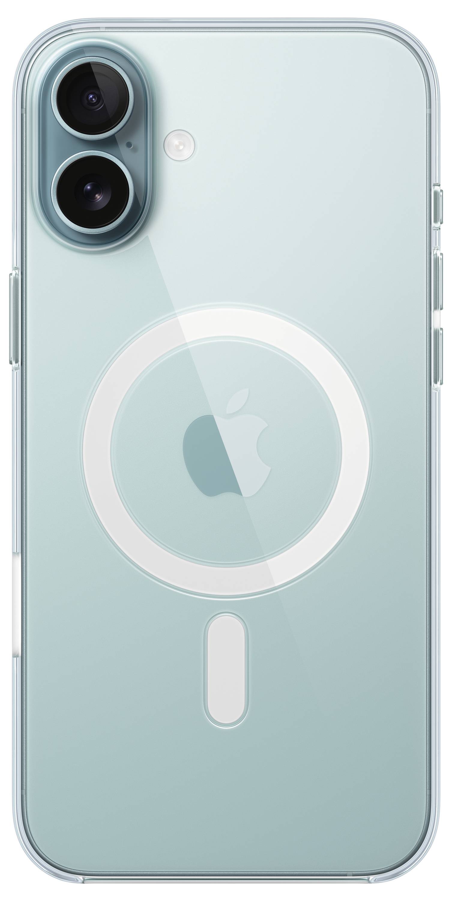 Een lichtblauw smartphone van achteren, met twee cameralenzen linksboven en een Apple-logo in het midden.