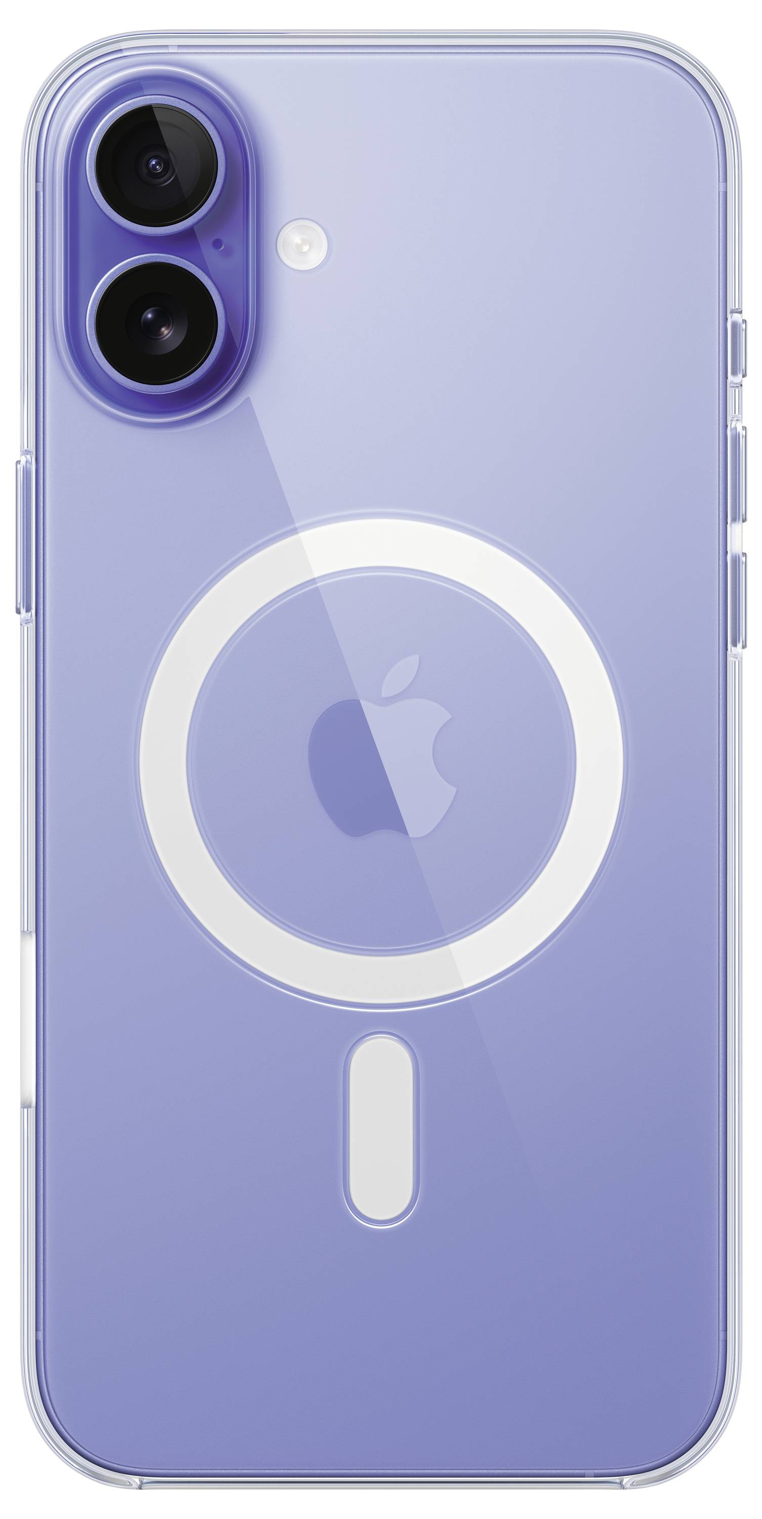Een paarse smartphone met een dubbele camera en een transparante behuizing, die een magnetische ring en het Apple-logo op de achterkant laat zien.