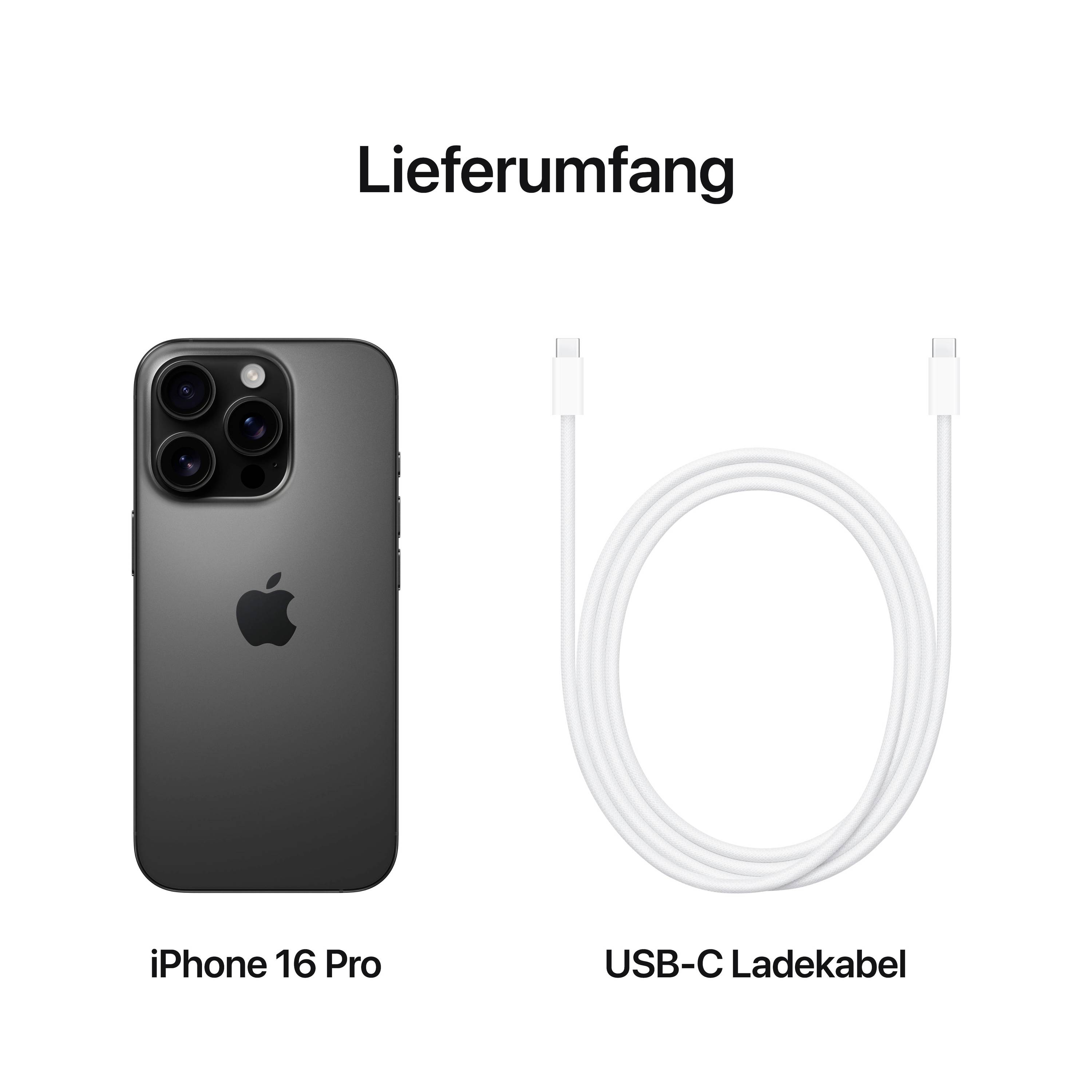 Leveringsomvang van een 'iPhone 16 Pro' en een 'USB-C-oplaadkabel'.