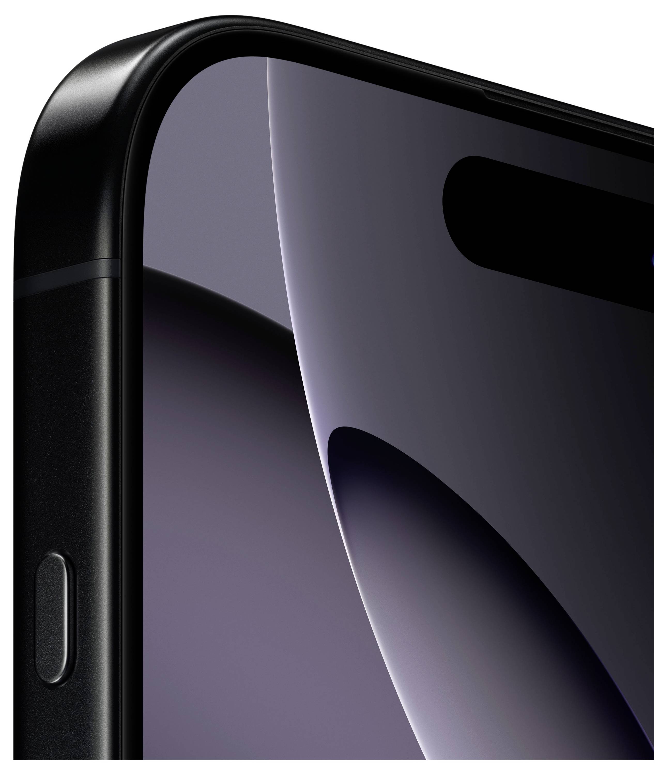 Close-up van een zwarte smartphone met een gebogen schermontwerp en afgeronde randen. Knoppen aan de zijkant zijn zichtbaar.