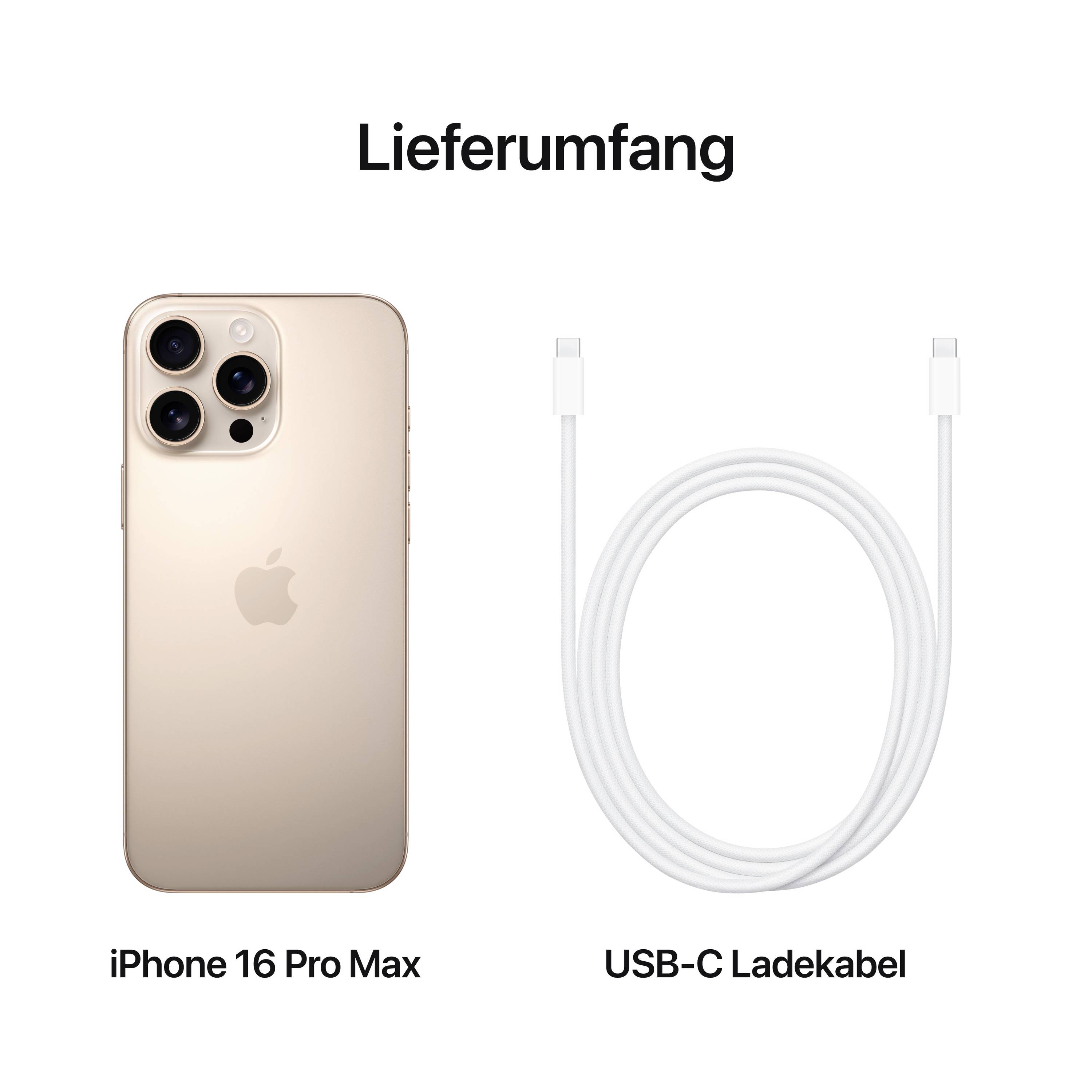 Leveringsomvang van een iPhone 16 Pro Max in goud met een USB-C oplaadkabel.