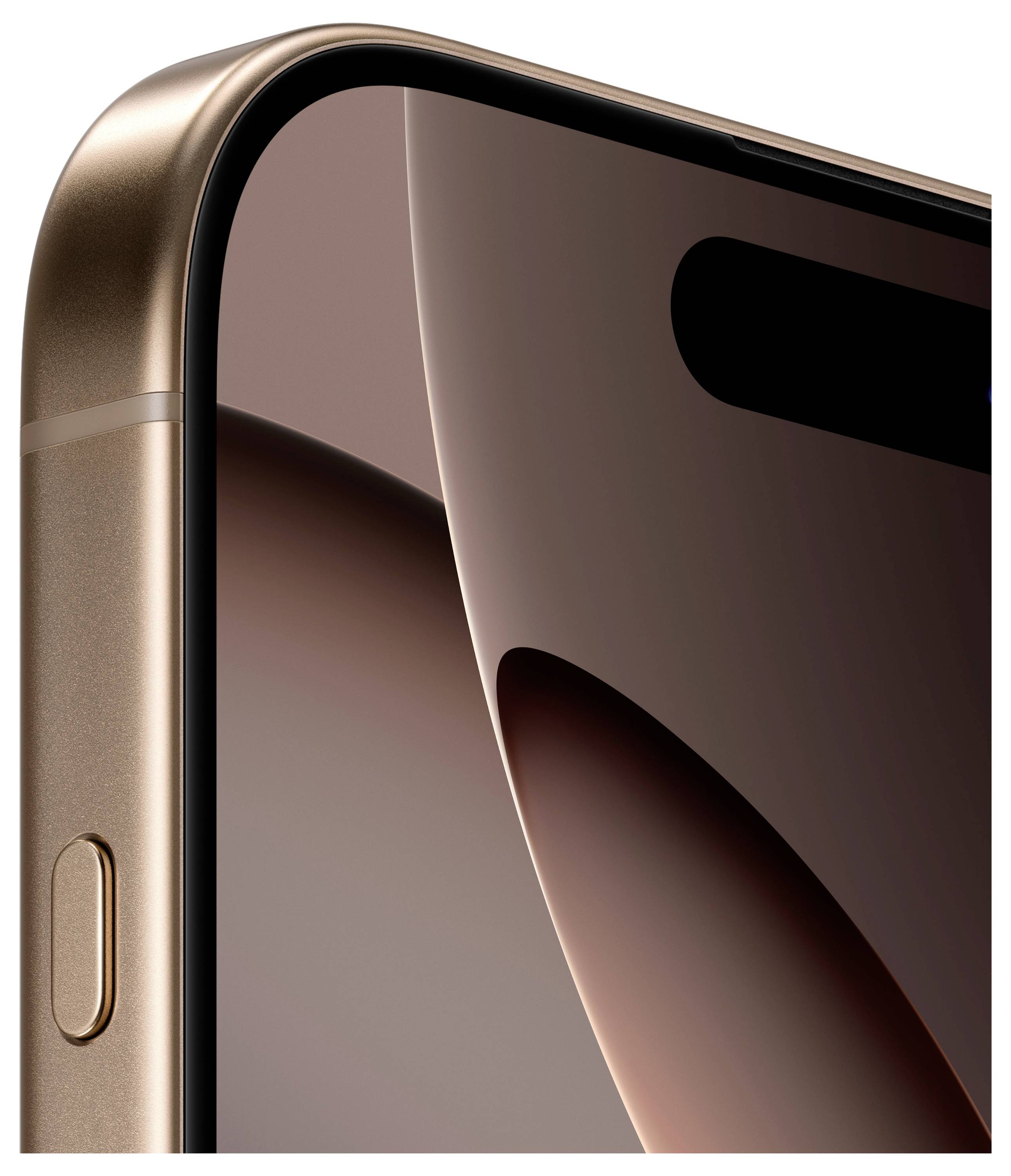 Close-up van een smartphone-hoek in brons met afgeschuinde randen en een zijknop. Het scherm toont een abstract patroon.