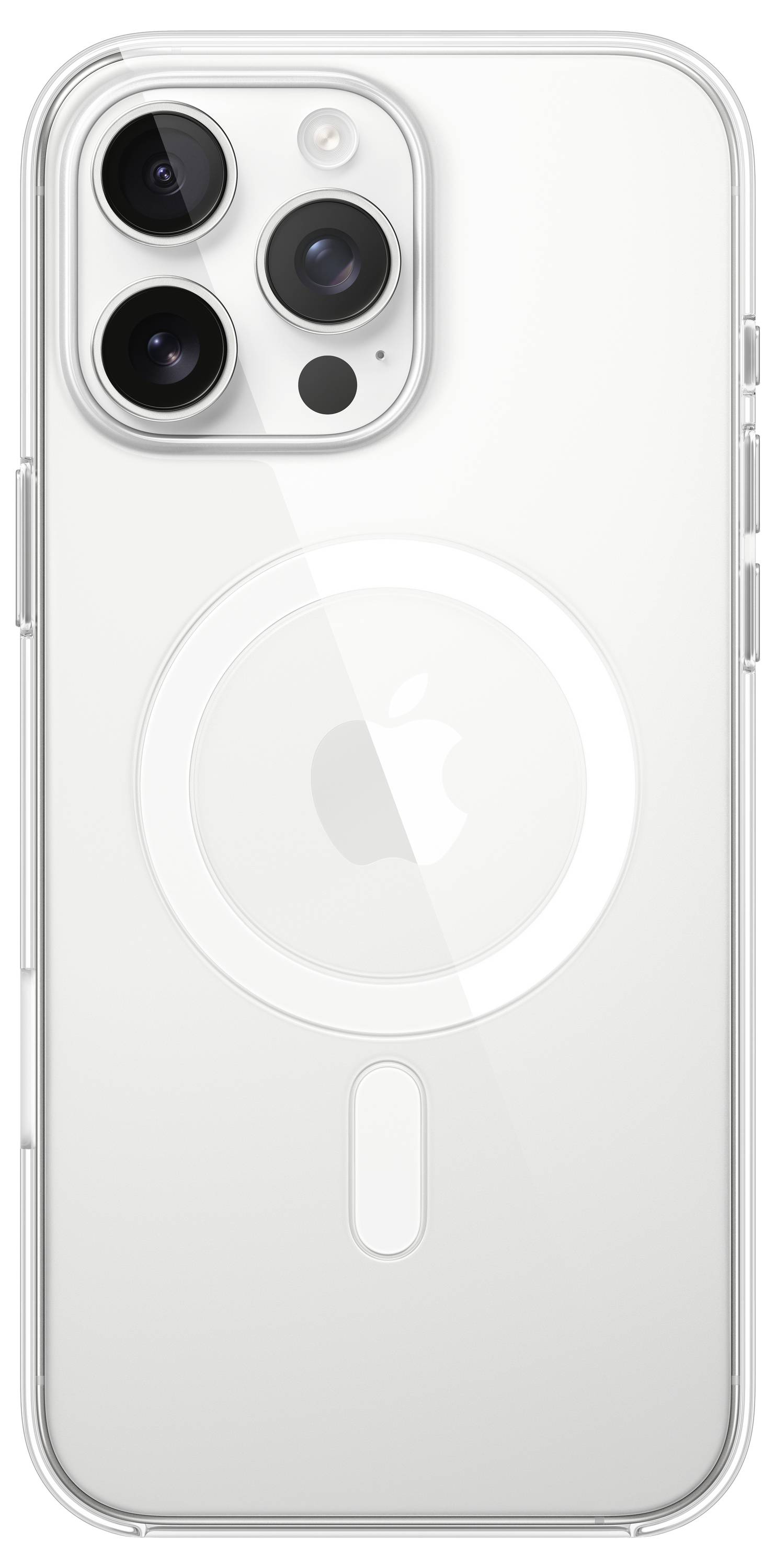 Smartphone met drie camera's en een licht behuizing, toont het Apple-logo en het MagSafe-cirkelvormige patroon. Achteraanzicht op een witte achtergrond.