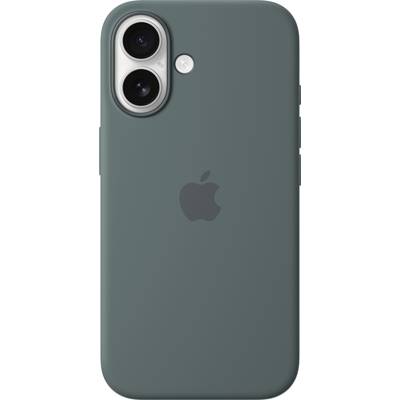 Een smartphone met een donkergroene hoes, waarop twee cameralensen en het Apple-logo op de achterkant te zien zijn.