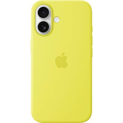 Een gele smartphone met twee cameralenzen en een flitser. Op de achterkant bevindt zich het Apple-logo.