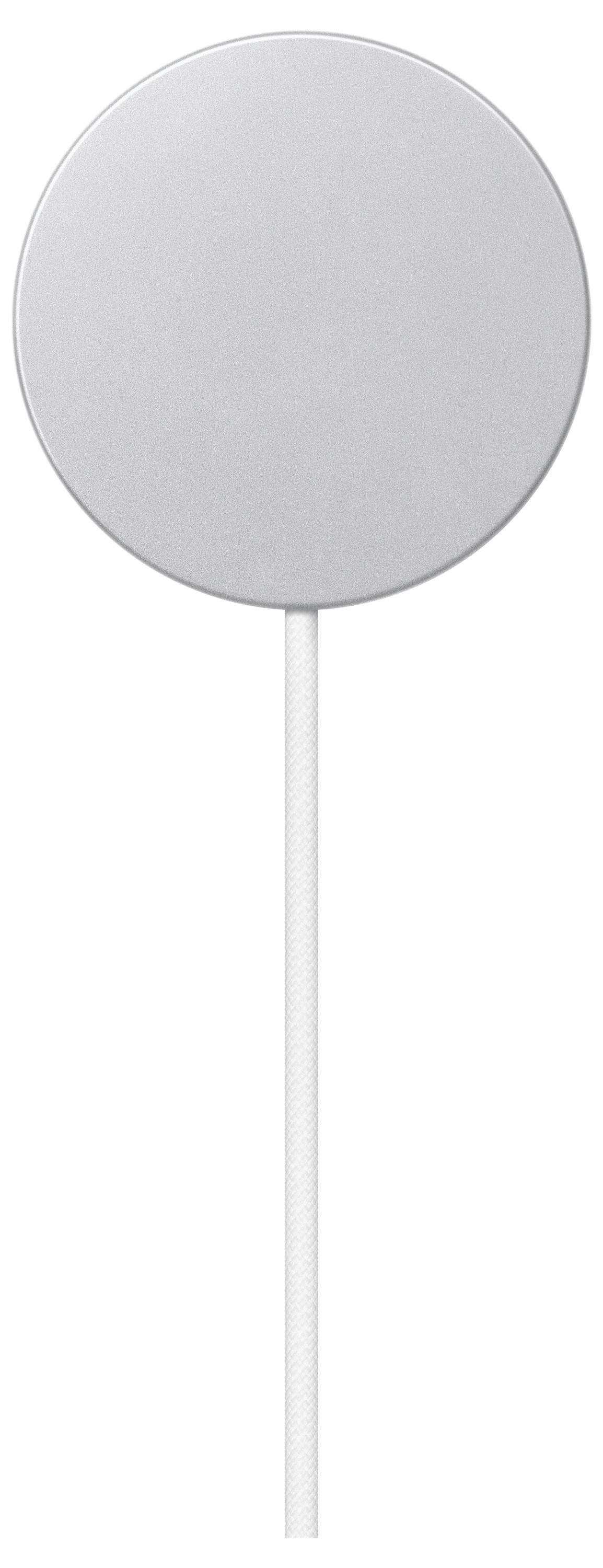 Een magnetisch draadloos oplaadstation met een rond, plat ontwerp en een aangesloten wit kabel voor het opladen van apparaten.