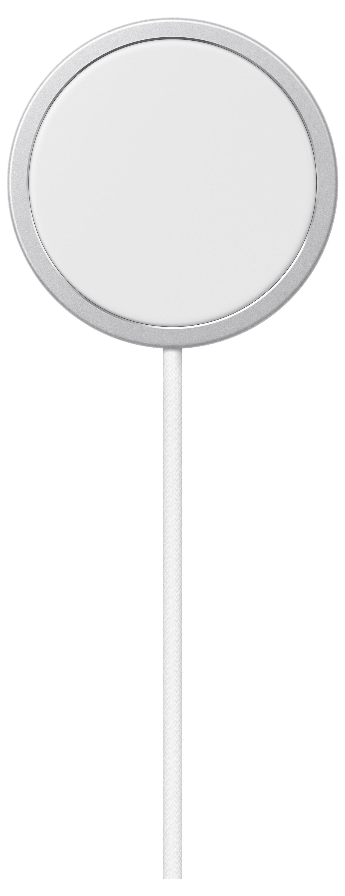 Een rond draadloos oplaadapparaat met een wit behuizing en zilveren rand, aangesloten op een wit kabel.