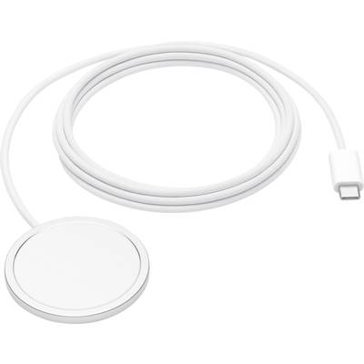 Een wit, rond oplaadapparaat met een lang kabel en USB-C-stekker, op een witte achtergrond.