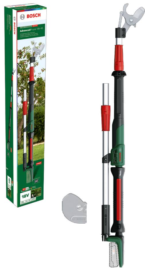Een Bosch accusnoeitak, 18V, met verlengde steel, ideaal voor het snoeien van takken op grote hoogte. Verpakking en product getoond.
